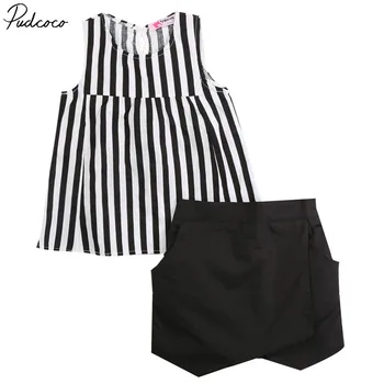 

Fashion Cool Kids Baby Girls Sleeveless Stripe Tops+black Short Pants 2pcs Set 2~7years