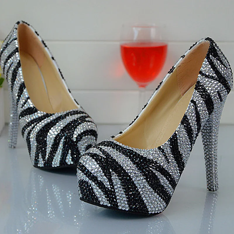 Round Toe Zebra Crystal Closed Toe Party Shoes Silver and