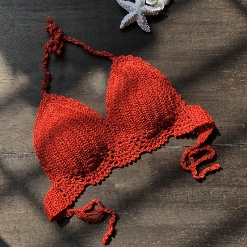 

biquinis feminino 2019 Comfortable Halter Casual Bikini Tops 6 Colors Hand-crocheted Tank Summer Bra Cotton Blends Beachwear
