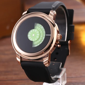 

Creative Men Watch Rose Gold Case Color Turntable Dial Male Quartz Sport Wristwatches Black Casual Rubber Band Relogio Masculino