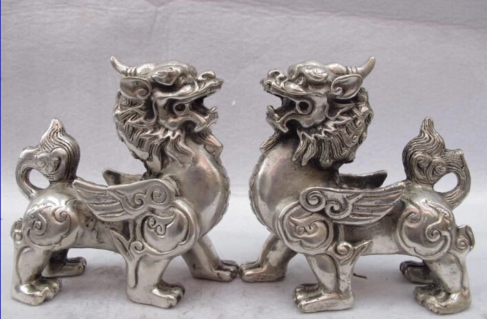 

5 Chinese White Copper Bronze Silver Fengshui Evil Beast Foo Dog Lion Kylin Pair