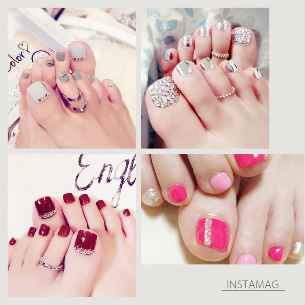 

Multiple Style 24pcs Gel Color Metallic High Quality Pre-design Full Cover French 3D Short Fake False nail For Foot Toenails