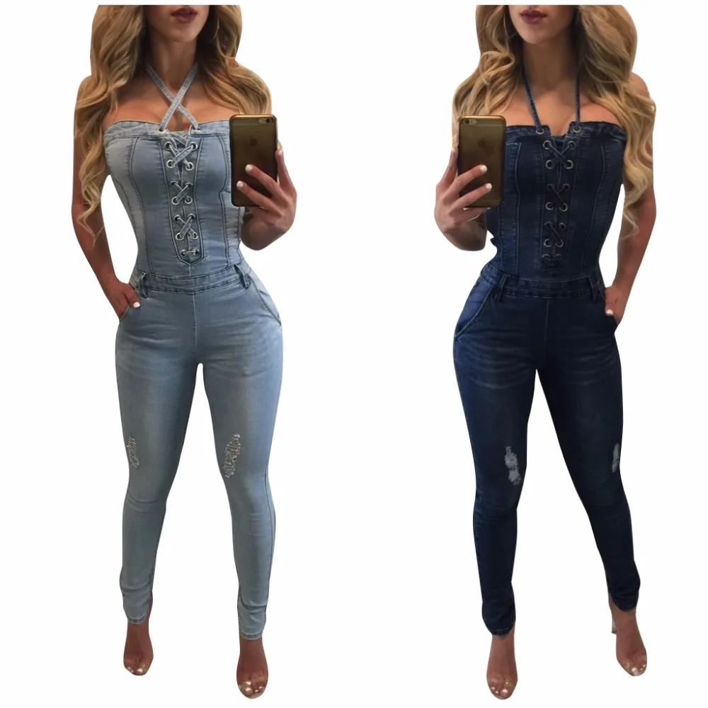 Top Fashion Halter Women Eyes Corn Corset Denim Jumpsuits Halter Women