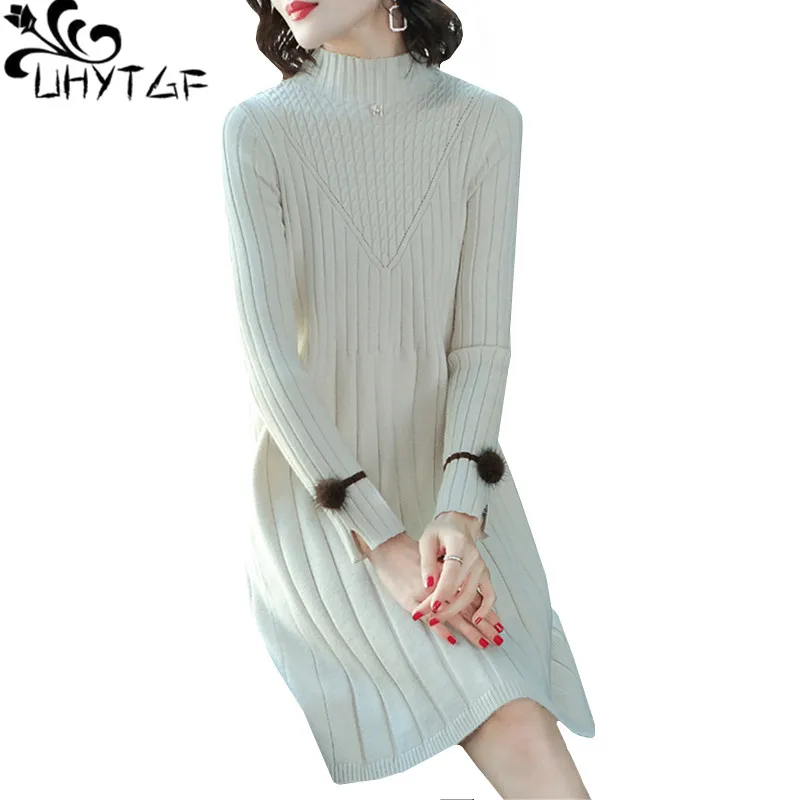 

UHYTGF quality cashmere knit sweater Dress women Long sleeve Autumn Winter dress turtleneck pullover Thick Warm Female dress 188