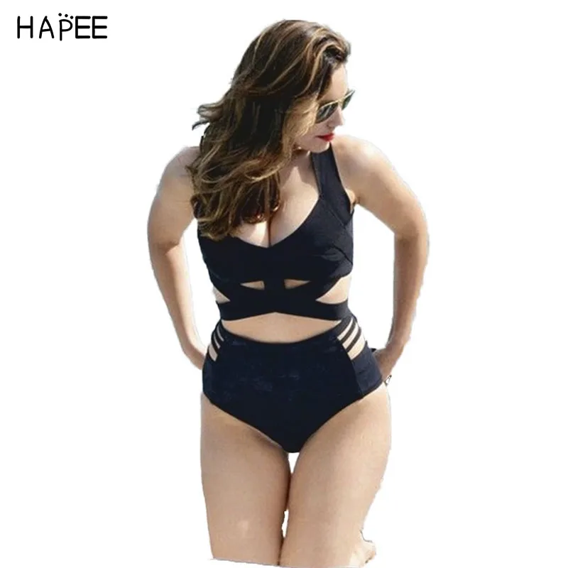 XXXL Plus Size Black Cut Out High Waist Push&Up Padded Bandage Swimwear/Swimsuit/Bikini 2017 Two piece Bathing Suit for Women plus-size-black-swimsuit
