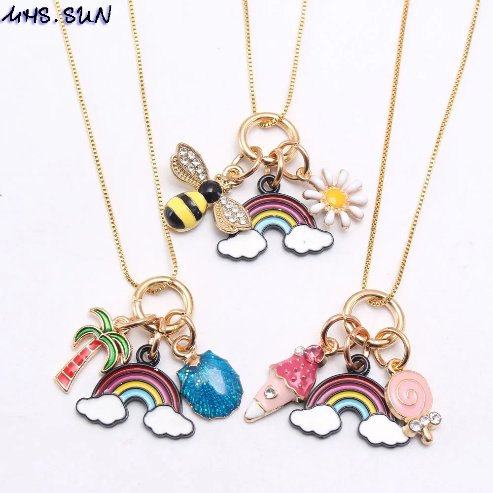 

MHS.SUN New Charming Rainbow Bee Flower Lollipop Pendant Necklace For Kids Child Girls Chain Necklace Cute Design Jewelry Gift