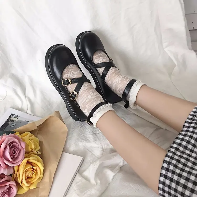 

Lolita Harajuku JK Uniform Shoes Casual Buckles Lace Up Cross Band England Students Preppy Chic Adult Women