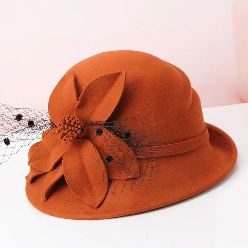 Женская шерстяная шляпа Fedoras в британском ретро стиле для девочек; осенне-зимняя шерстяная шапка; женская элегантная шапка с украшением в виде цветка; шапка в рыбацком стиле; B-8938 - Цвет: Оранжевый