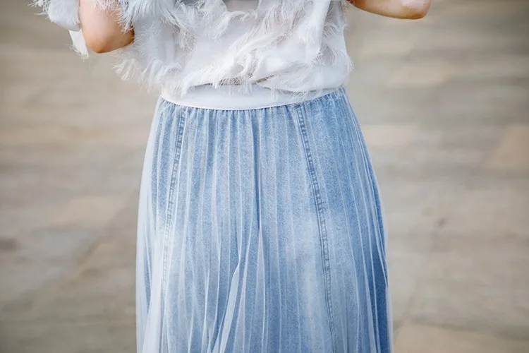 Для женщин летние джинсы Юбки DONGDONGTA 2019 Новый теленок Длина Джинсовые кружева эластичный пояс Skist SS-58-1018