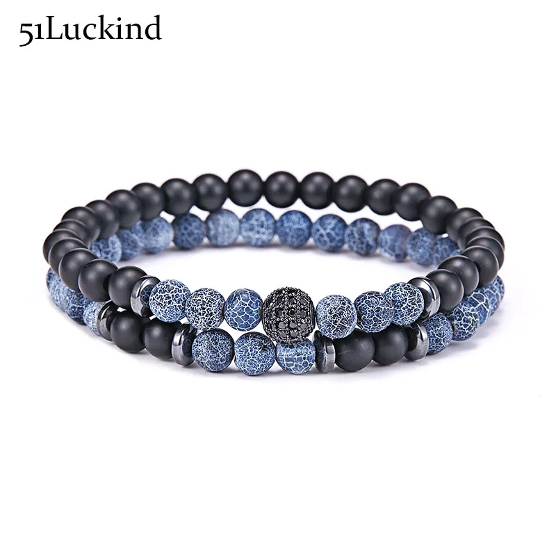 

2 Pcs/Set Natural Stone Beads Bracelet Luxury CZ Paved Disco Ball Couple Braclet For Male Biker Jewelry Accessories Homme