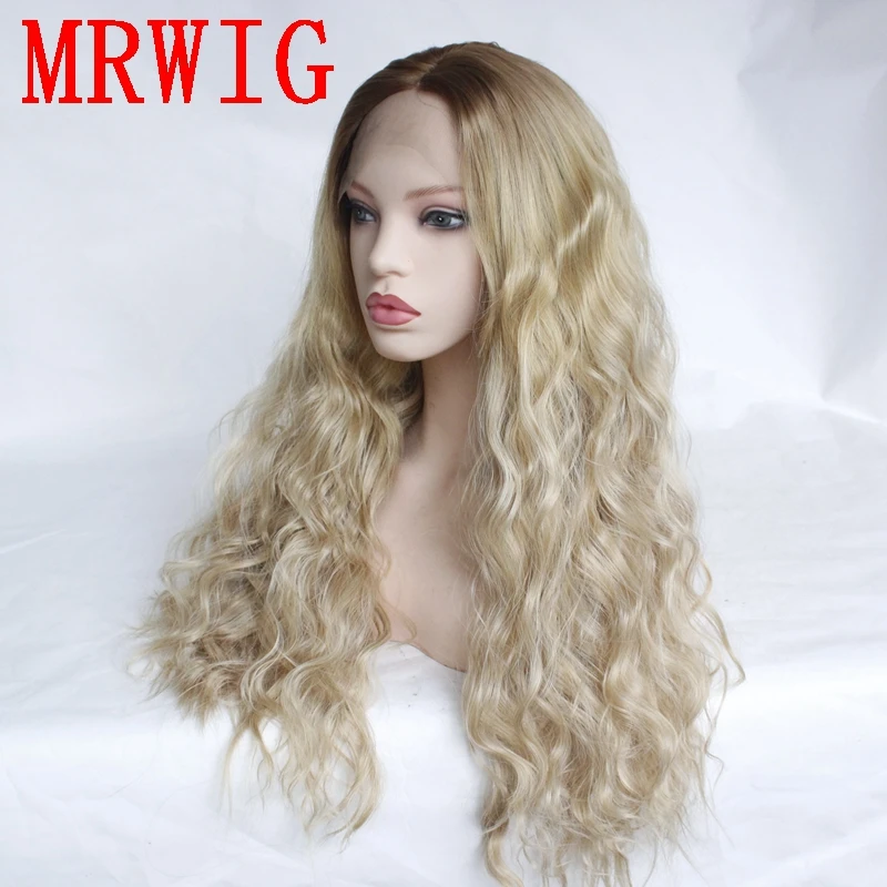 MRWIG Short Dark Roots Brown Ombre Mixed Blonde Middle Part Heat Resistant Fiber Cosplay Synthetic Lace Wig