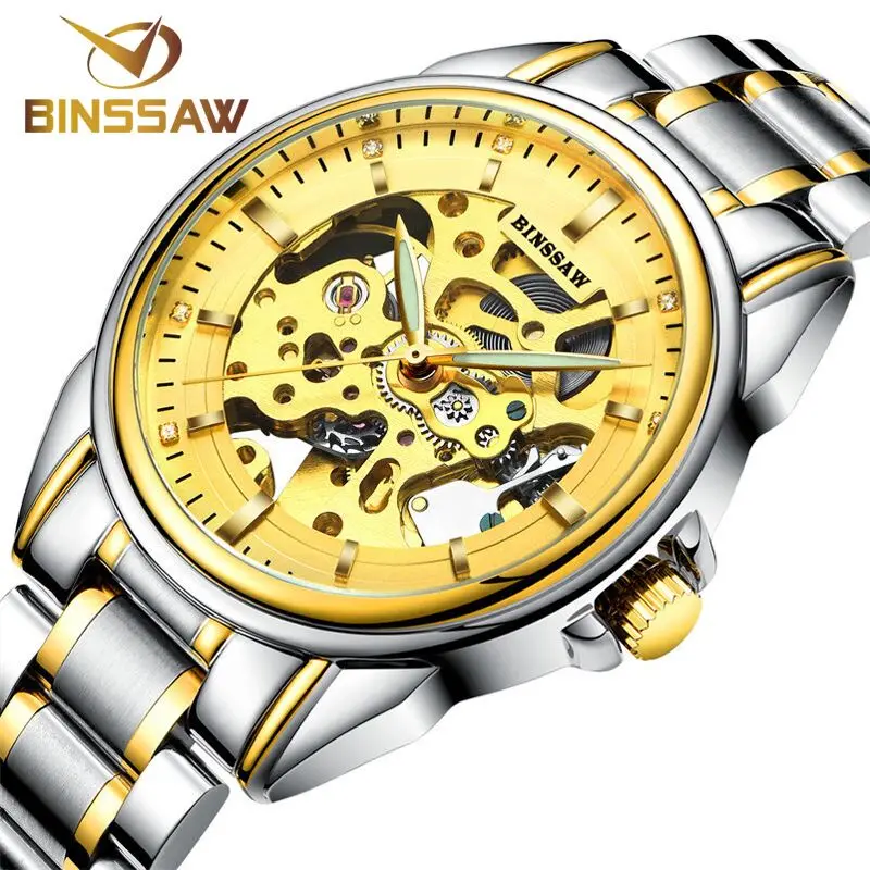 

BINSSAW 2018 Gold Watches Men Luxury Top Brand Stainless Steel Fashion Skeleton Automatic Mechanical Watches Relogio Masculino