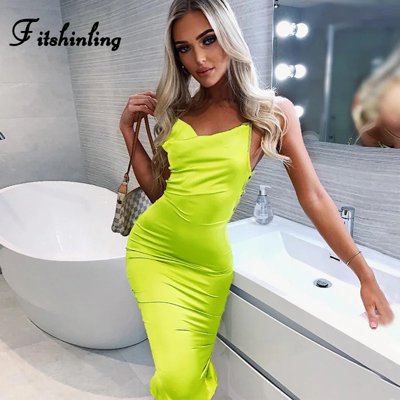 

Fitshinling Backless lace up dress women summer sundress neon fluorescence slim spaghetti strap dresses bandage sexy hot vestido