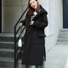 Мода без молнии и пуговиц Регулируемая Талия утолщенный и длинный пуховик для женщин размера плюс свободный и плащ стиль для зимы