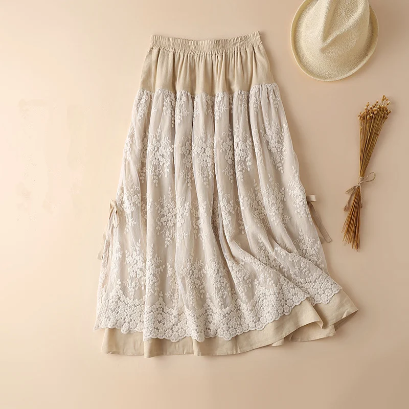 

Japanese Mori Girl Lace Maxi Skirt Cotton & Linen A-line Ruffle Long Skirt
