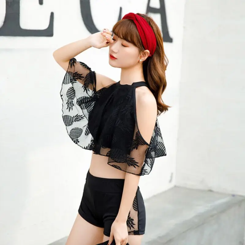 

Women Sweet Mesh Solid Color High Split Elastic Waist Boxer Trunks Three-piece Swimsuit