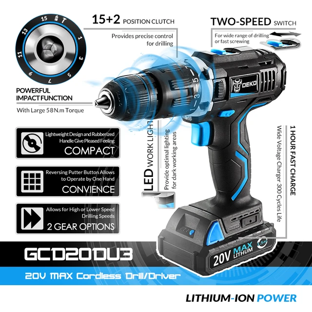 Шуруповерт Deko 20 V, Deko Cordless Electric Drill