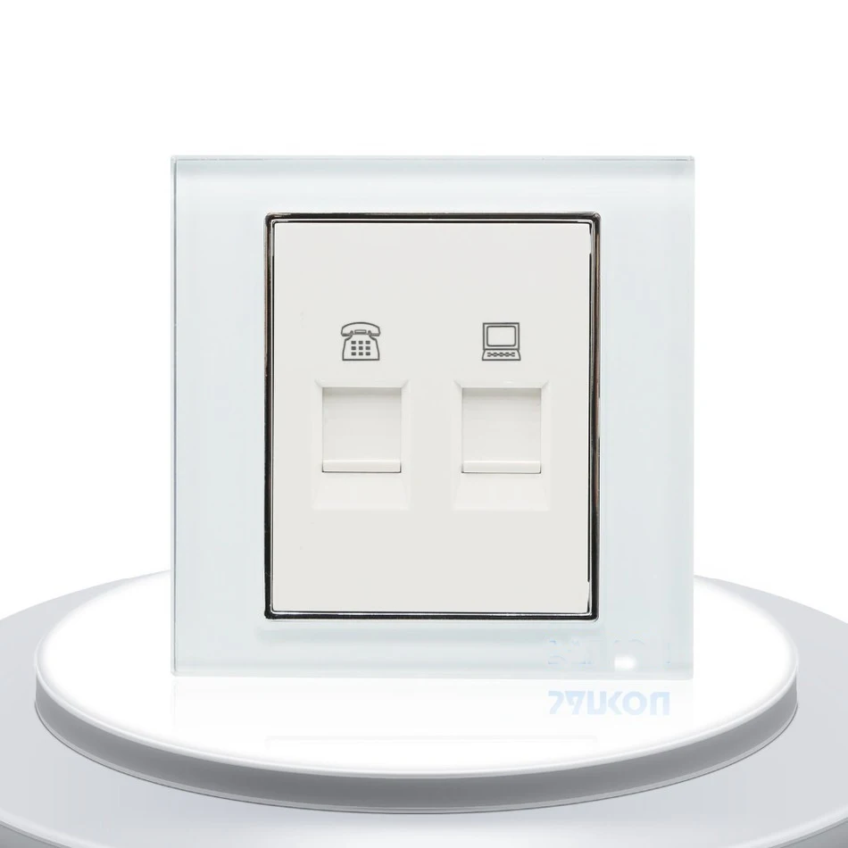 Telephone and Computer Sockets White Crystal Glass Panel 2 Gang Wall