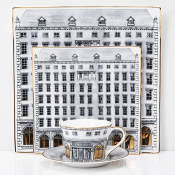 

Classical Gold Swan Castle Decorative Bone China Cup and Saucers Plate Retro Building Snack Tray gold painting sanck plate