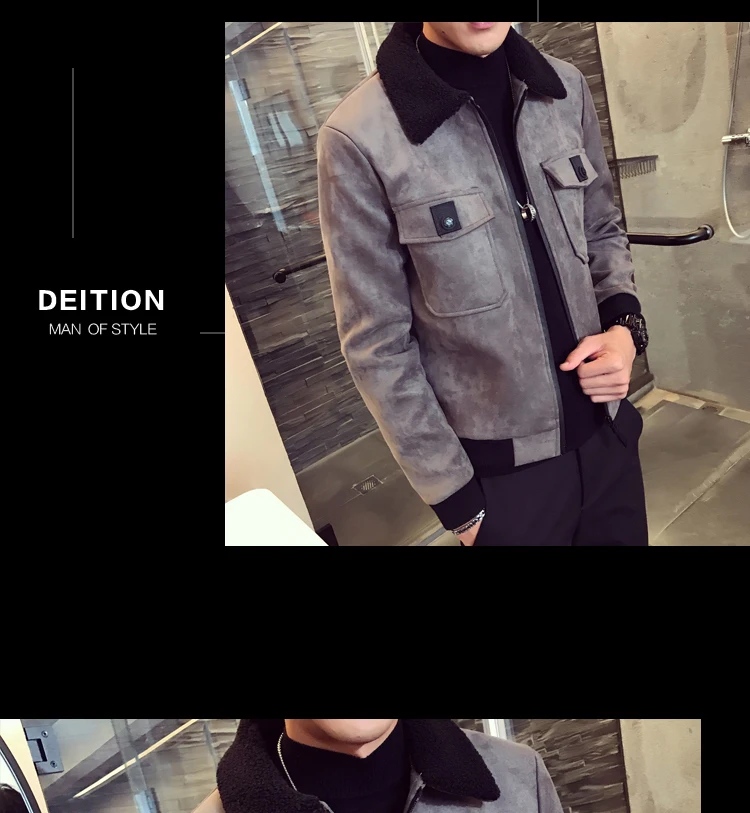 Winter Bomber Homme Men Suede Jacket Erkek Khaki Thick Warm Slim Fit Winter Jacket Deri Ceket Coats Mens Fur Collar