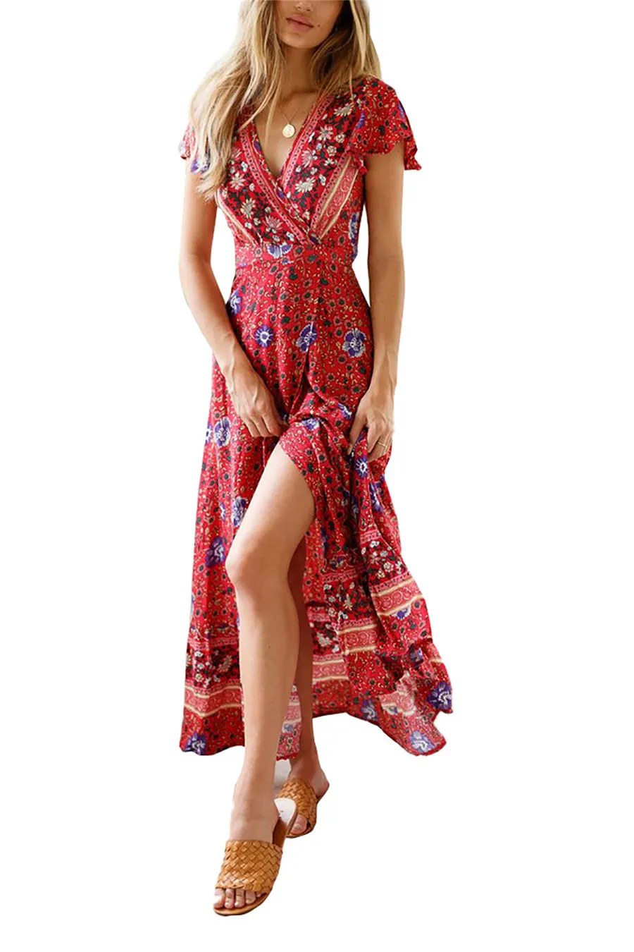 Gladiolus Bohemian Women Summer Dress Short Sleeve V Neck Floral Print Belt Tunic Split Sexy Beach Dresses Women 2019 Maxi Dress (36)