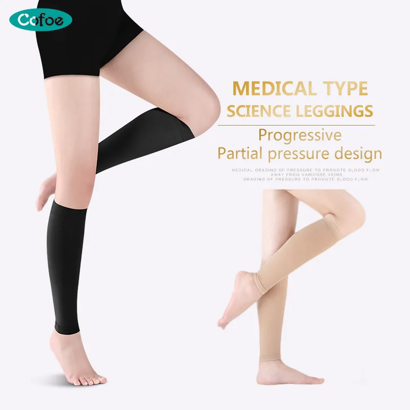 

Cofoe Medical Calf Compression Sleeve Compression Stocking 23-32mmHg Level 2 Varicose Vein Socks Unisex Beige & Black A Pair
