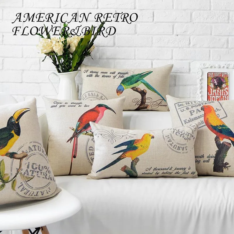 

Plant Leave Birds Parrot Pillow Cover Colorful Branches Cushion Cover Retro Postmark Car Sofa Home Decoration Cojines Almofadas