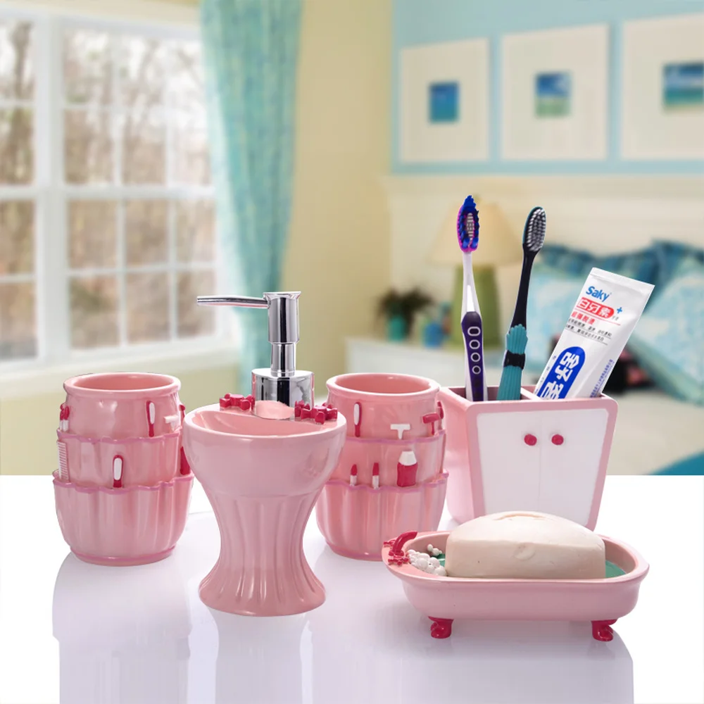 Pink bathroom five-piece suit European-style Korean student resin bathroom wash kit Toothbrush cup gift LO728206