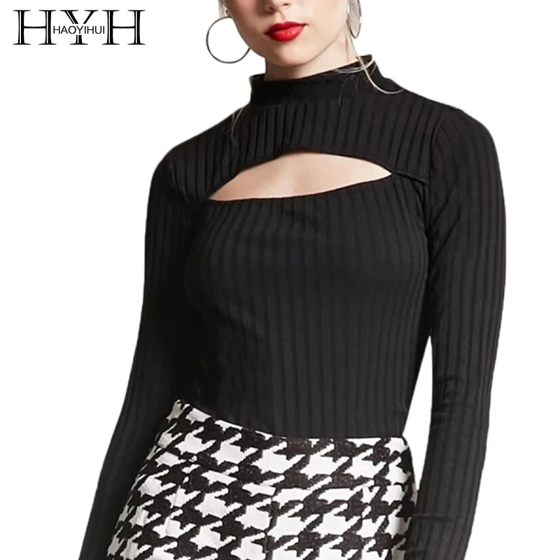 HYH HAOYIHUI Brand 2018 Black Burgundy Sexy T Shirts Women Mock Neck