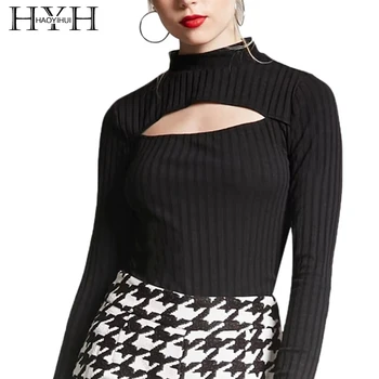

HYH HAOYIHUI Brand 2018 Black Burgundy Sexy T-Shirts Women Mock Neck Cut Out Casual Tops Female Long Sleeve Fashion Tees Lady