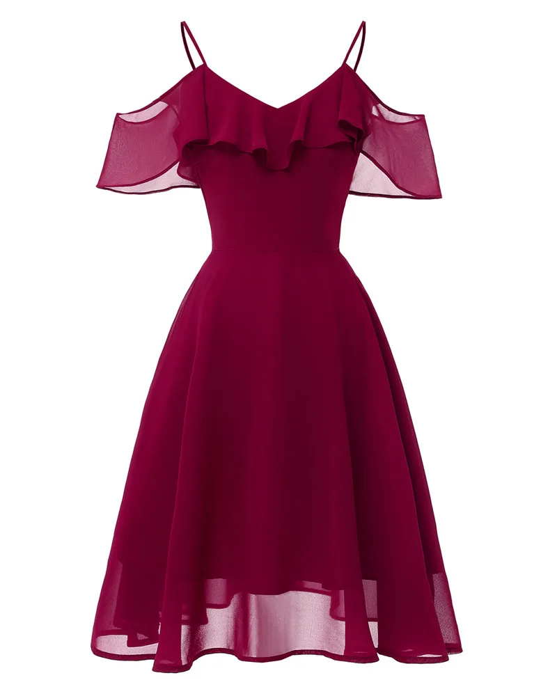 Летние женские платья, сексуальные платья с v-образным вырезом, короткий рукав, длина до колен, на тонких бретелях, Ретро стиль, повседневные вечерние шифоновые платья с открытой спиной - Цвет: wine red