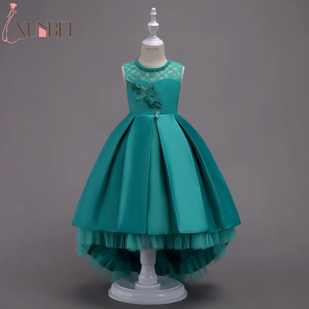Pretty High Low Satin Flower Girl Dresses 6 Colors 2018 Beaded Appliqued Dresses For Girls Kids