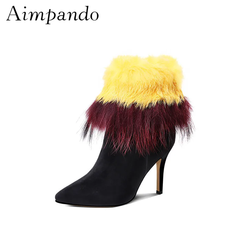 

Luxury Rabbyhair Ankle Boots Women Fashion Autumn Winter Suede Short Boots Thin High Heels Point Toe Booties