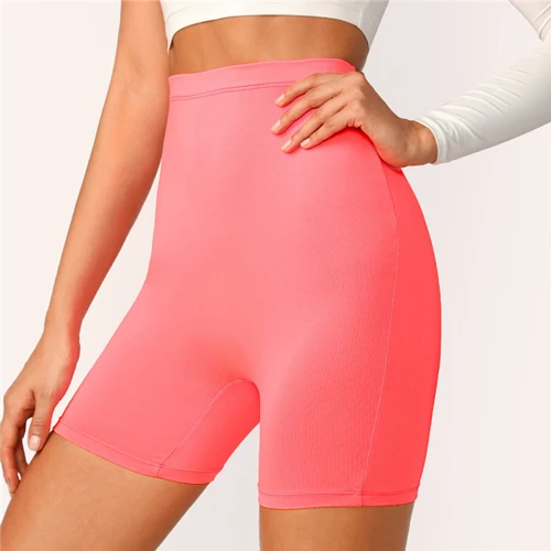 SHEIN Solid Cycling High Waist Leggings Women Athleisure Crop Fitness Leggings Summer Ladies Casual Workout Leggings - Цвет: Розовый