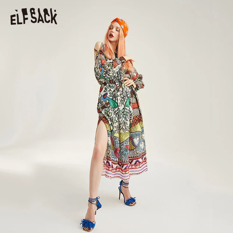 ELFSACK Vintage Floral Print Women Chiffon Dresses Fashion A-Line Full Sleeve Lace up Female Holiday Dress Elegant Dress