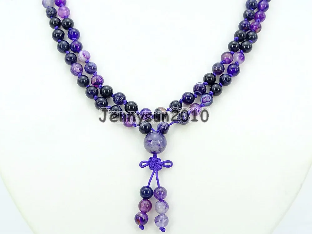 

Natural Purple Stripe Ag-ate 6mm Gems Stone Buddhist 108 Beads Prayer Mala Knot Necklace Multi-Purpose 5Strands/Pack