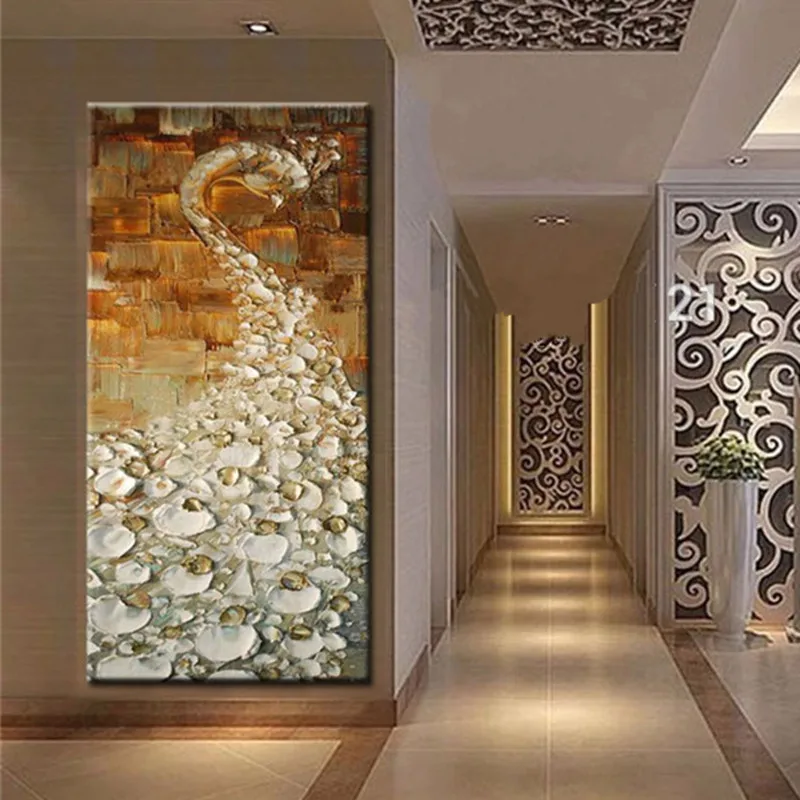 

Large Beautiful Peahen Painting Hand Painted Abstract Oil Paintings on Canvas Knife White Peacock Pictures Home Decor Wall Art