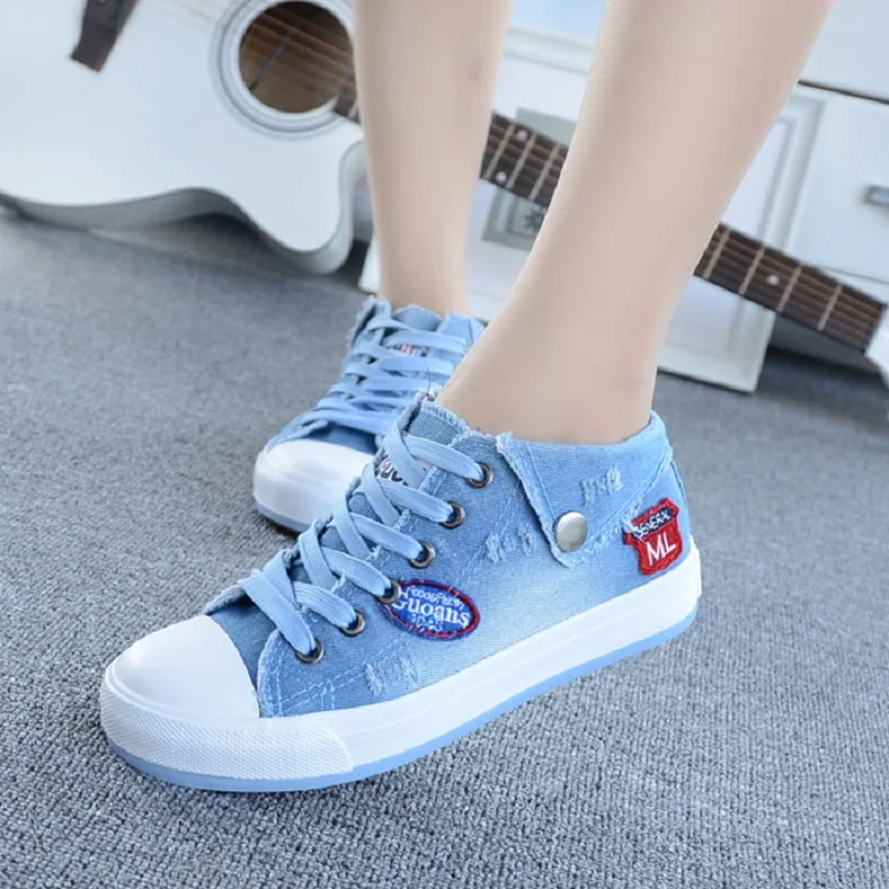 

Women Sneakers 2018 Spring Autumn Denim Casual Shoes Lace-Up Women's Fashion Flats High Top Canvas Shoes Woman Flat Shoes