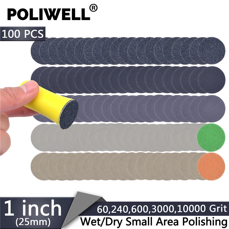 

POLIWELL 100PCS 1 Inch 60/240/600/3000/10000 Grit Sanding Discs +1PC Hook&Loop Hand Sanding Pad Kit for Small Area Polishing