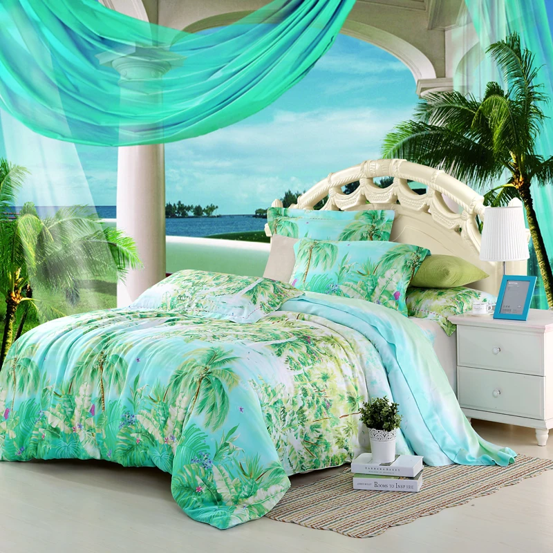 Blue green turquoise bedding sets queen king size palm tree silk quilt