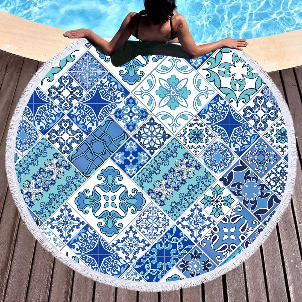 

Blue Mosaic Tropical Round Beach Towel For Adults Microfiber Towels Large Microfibre Serviette de plage Tapestry Mat Picnic Mat
