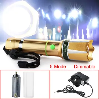 

Top Quality 3000 Lm T6 LED Adjustable Focus Flashlight Torch Gold+UK Charger Set