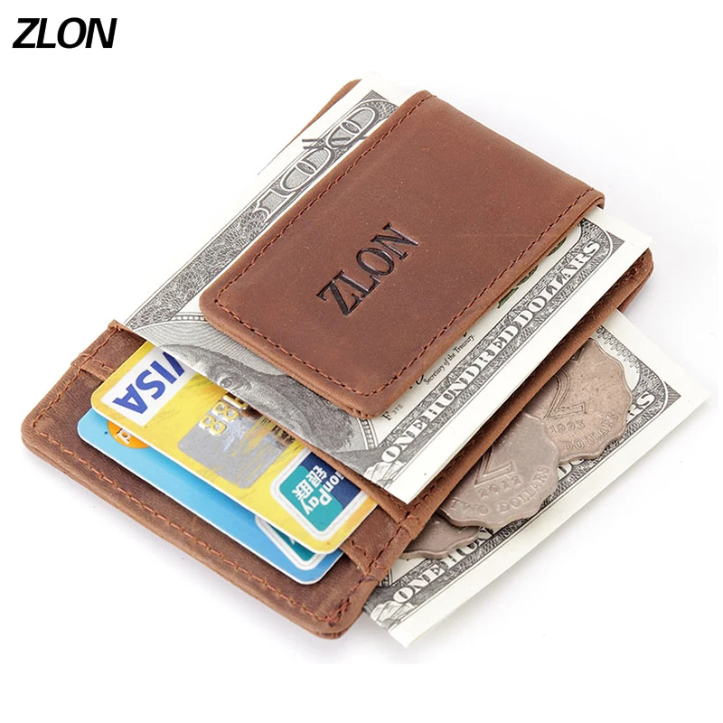 

ZLON Hot Sale Men 100% Genuine Leather Wallet Business Casual Credit Card ID Holder With Strong Magnet Money Clip Coffee K308