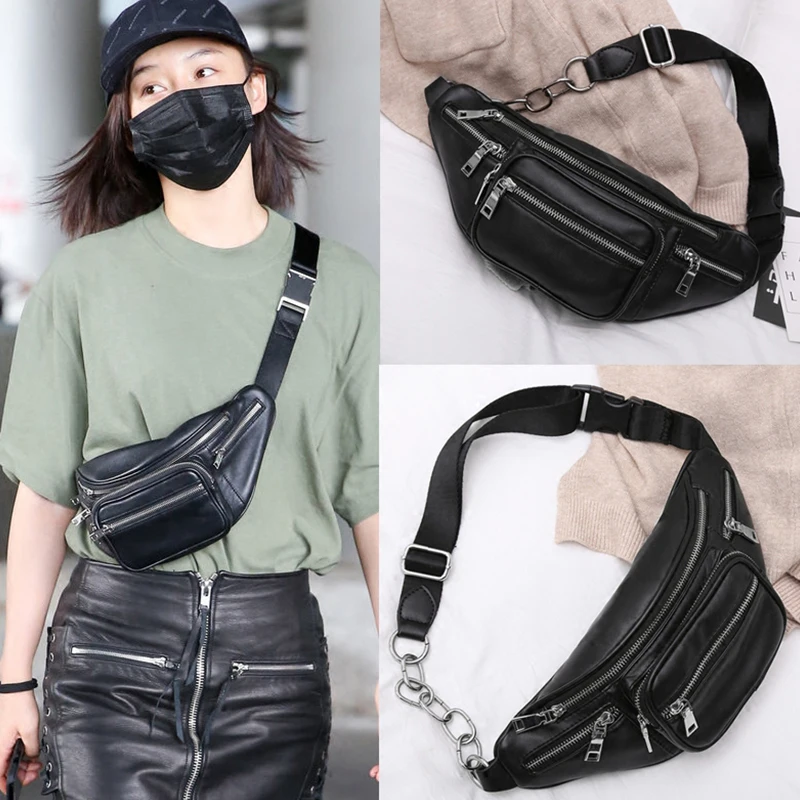 Women Waist Bag Pu Leather Multifuction Fanny Pack Women Walking Shopping Belly Band Chain Chest Shoulder Bag Bananka Belt Bag 