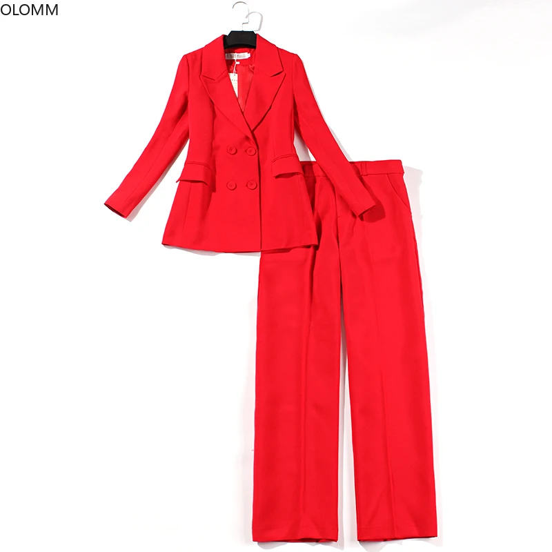 Женские костюмы, офисные комплекты, классический костюм, женский стильный высококачественный Красный Блейзер, повседневные широкие брюки, женский костюм, осень, Новинка