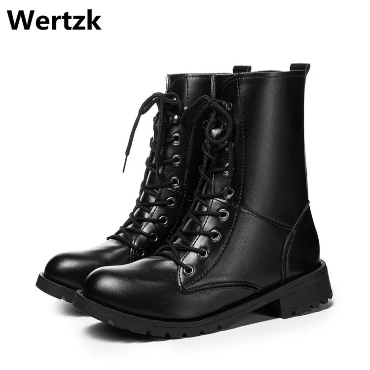 

Wertzk 2019 The British style goes well with mid-tube leather boots and velvety flat fall/winter botas mujer invierno E299