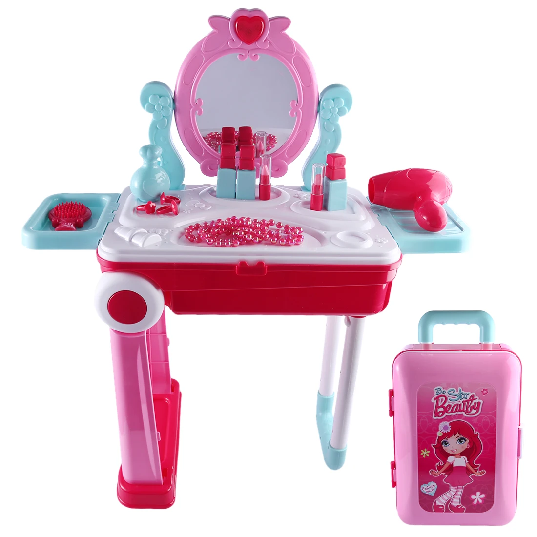 

Children Beauty Makeup Tool Sets Pretend Play Workbench Playset Educational Toy with Luggage Organizer - Pink