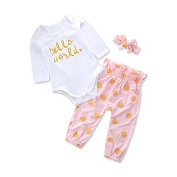 

Toddler Girls Summer Clothing White Long Sleeve Jumpsuit Romper Tops+Dot Printed Pants+headband 3pcs Baby Girl Clothes Kids Suit