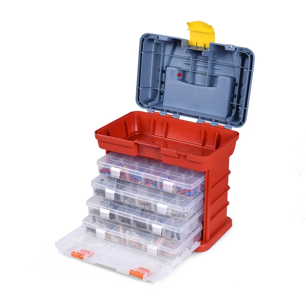 NEWACALOX чехол для инструментов, 4 слоя, рыболовные снасти, портативный ящик для инструментов, винт, оборудование, пластиковый ящик для хранения с фиксирующей ручкой - Цвет: Red Tool Box