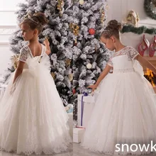 Белого цвета и цвета слоновой кости с длинным прозрачным кружевом, вырез лодочкой, короткий рукав с аппликацией, красивое платье для первого причастия, Платья для младенцев вечерние платья с тюлем и украшением бисера